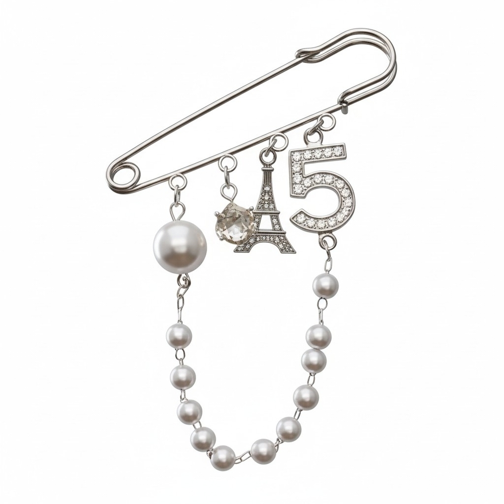 Pearl & Crystal Eiffel '5' Charm Safety‎ Pin Brooch
